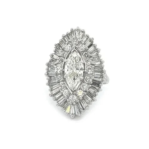 RING DIAMOND PLATINUM GOLD MARQUISE SHAPE COCKTAIL RING SIZE 8 ESTATE (1 of 2)