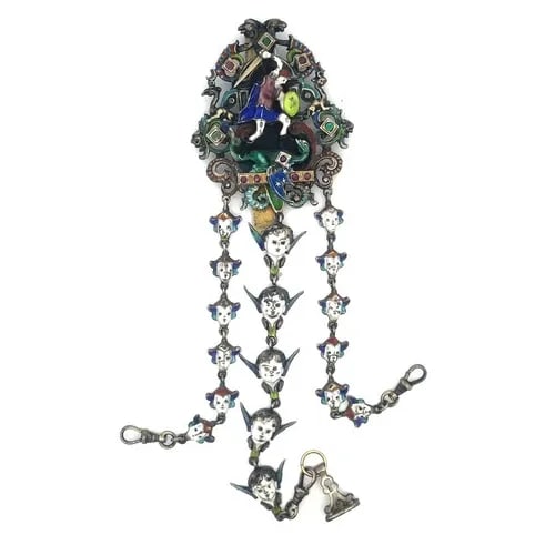 ANTIQUE ASTRO HUNGARIAN CHATELAINE ENAMEL & GEMS SILVER DRAGON & SLAYER (1 of 2)