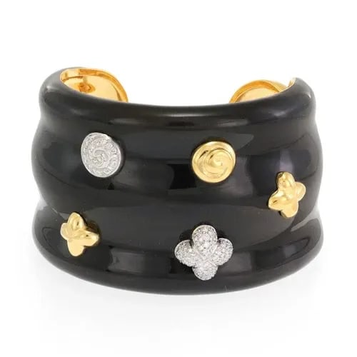 LA NOUVELLE BAGUE DIAMOND ENAMEL 18K GOLD 925 SILVER WIDE CUFF BRACELET: LA NOUVELLE BAGUE DIAMOND ENAMEL 18K GOLD 925 SILVER WIDE CUFF BRACELET La Nouvelle Bague Diamond Enamel 18k Gold 925 Silver Wide Cuff Bracelet Description This is an authentic bangle from Nouvell Bag