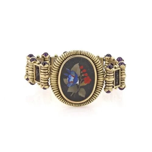 GOLD BRACELET OVAL INLAID GEMS FANCY LINK 16KT VICTORIAN (1 of 2)