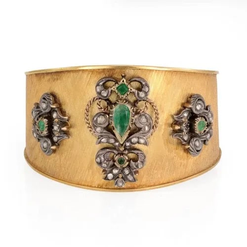VINTAGE 1.90CT ROSE CUT DIAMOND EMERALD 18K GOLD SILVER CUFF BRACELET (1 of 2)