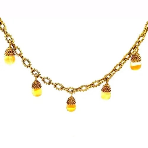 CITRINE 18K GOLD DANGLE CHARM NECKLACE YELLOW BEAD TEXTURE TOGGLE CLASP ETRUSCAN (1 of 2)
