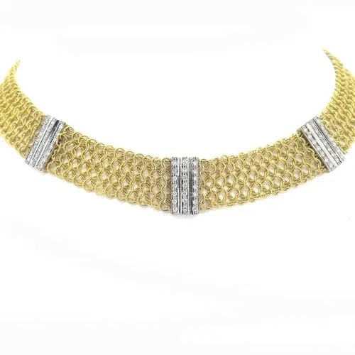 DIAMOND 18K GOLD COLLAR NECKLACE CHAIN LINK BAR MOTIFS MESH FLEXIBLE: DIAMOND 18K GOLD COLLAR NECKLACE CHAIN LINK BAR MOTIFS MESH FLEXIBLE This beautiful collar necklace is crafted from 18k yellow gold with white gold accent featuring milgrain interlaced chain links 15m