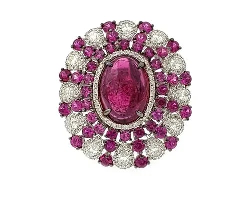 ESTATE 17.52CT DIAMOND RUBY 18K WHITE GOLD LARGE FLORAL DOME RING SIZE - 7 (1 of 2)
