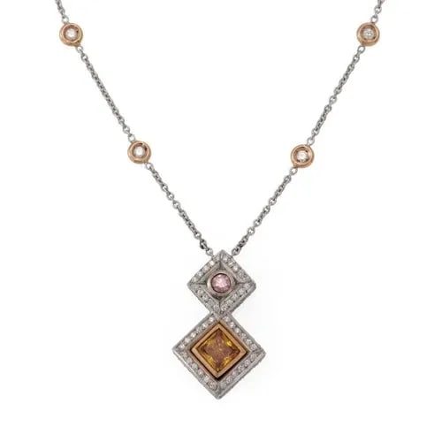 LOVELY 1.92CT WHITE YELLOW PINK DIAMOND 18K GOLD FANCY NECKLACE GIA REPORT: LOVELY 1.92CT WHITE YELLOW PINK DIAMOND 18K GOLD FANCY NECKLACE GIA REPORT Lovely 1.92ct White Yellow Pink Diamond 18k Gold Fancy Necklace GIA Report Description This is a beautiful double diamond sha