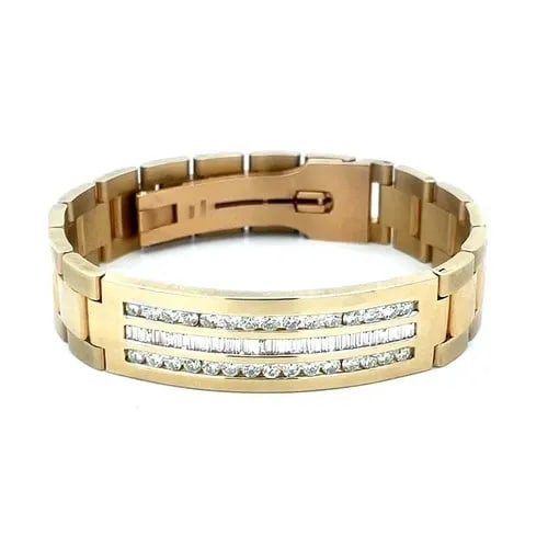 DIAMOND MEN'S BAR GOLD BRACELET 14K YELLOW PRESIDENTIAL WATCH STRAP BAND: This is a men's gold and diamond ID bar bracelet. It is a luxurious and stylish accessory crafted from 14k yellow gold. This bracelet features a sophisticated triple rows channel setting style with ro