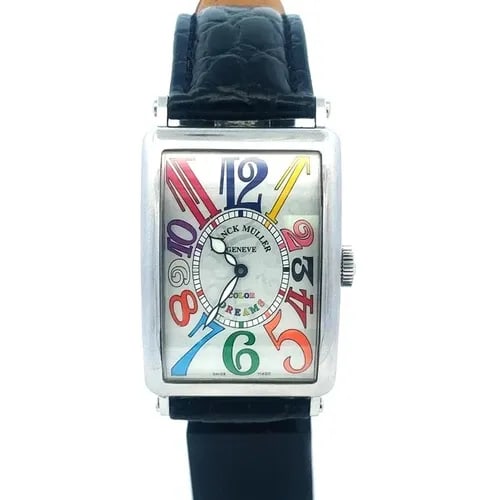 FRANCK MULLER MEN'S WATCH MASTER OF COMPLICATIONS LONG ISLAND COLOR DREAMS: FRANCK MULLER MEN'S WATCH MASTER OF COMPLICATIONS LONG ISLAND COLOR DREAMS This is a luxury Franck Muller men's wristwatch from the Color Dreams Collection, featuring a silver guilloche face with mult