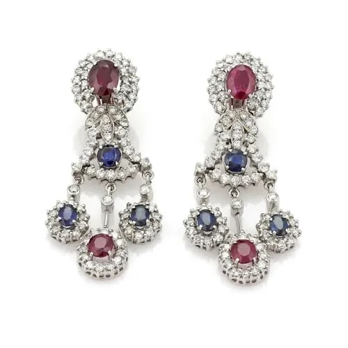 EARRINGS DIAMOND WITH COLORED GEMSTONES 14K WHITE GOLD CHANDELIER ESTATE (1 of 2)