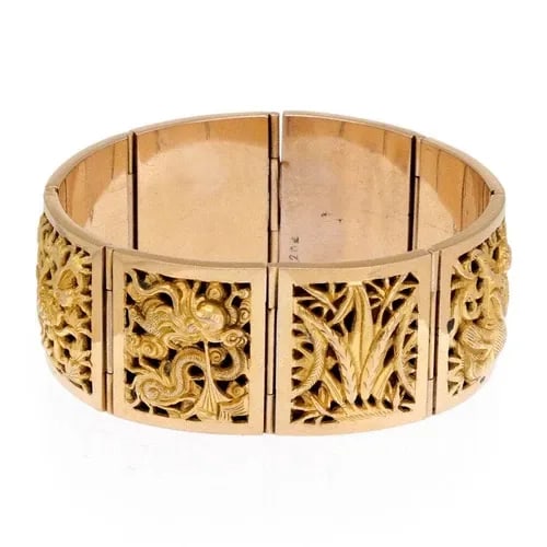 VINTAGE 20K & 17K YELLOW GOLD EMBOSSED FLORAL STYLE WIDE RECTANGLE LINK BRACELET (1 of 2)