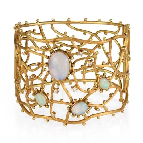 ESTATE 6.20CT OPAL & DIAMOND 18K YELLOW GOLD 2.05" WIDE FANCY BRACELET (1 of 2)