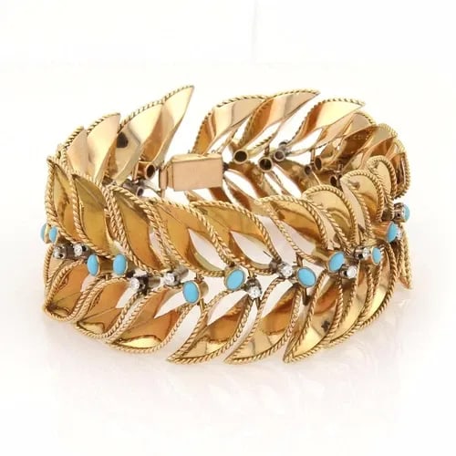 DIAMONDS GOLD BRACELET 18K YELLOW TURQUOISE VINTAGE WIDE LEAF LINK STYLE: DIAMONDS GOLD BRACELET 18K YELLOW TURQUOISE VINTAGE WIDE LEAF LINK STYLE This vintage wide leaf link style bracelet features a stunning combination of natural white diamonds and beaded turquoise set i
