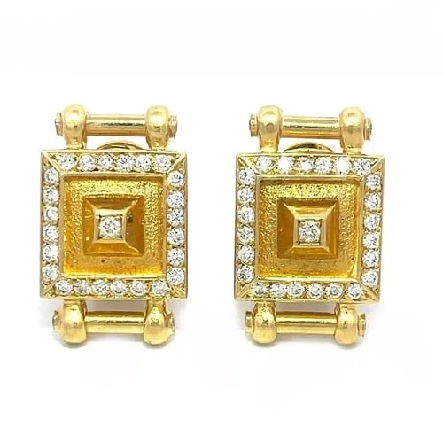 MARAMENOS & PATERAS GOLD DIAMOND EARRINGS SYMMETRY 18K YELLOW POST CLIP HUGGIE: MARAMENOS & PATERAS GOLD DIAMOND EARRINGS SYMMETRY 18K YELLOW POST CLIP HUGGIE These gorgeous authentic earrings are by Greek designer Maramenos & Pateras. The pair is crafted from 18k yellow gold fea