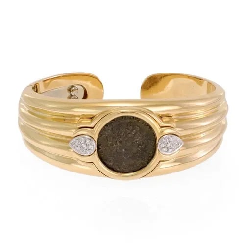 DIAMOND 18K COIN BRACELET GOLD ROMAN BRONZE COIN GROOVED STYLE CUFF (1 of 2)