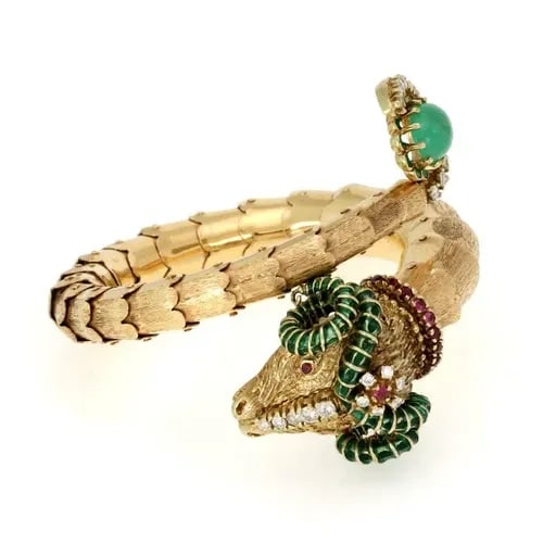 DIAMOND EMERALD RAM BRACELET RUBY ENAMEL 14K GOLD RAM HEAD WRAP FLEX BRACELET (1 of 2)