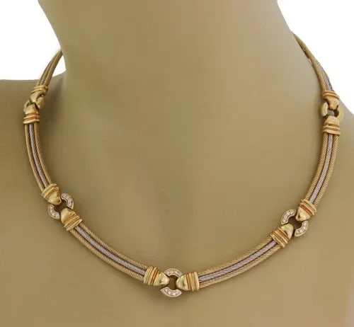 DIAMOND 18K GOLD NECKLACE TRIPLE CABLE WIRE CURVED SECTION LINK COLLAR (1 of 2)