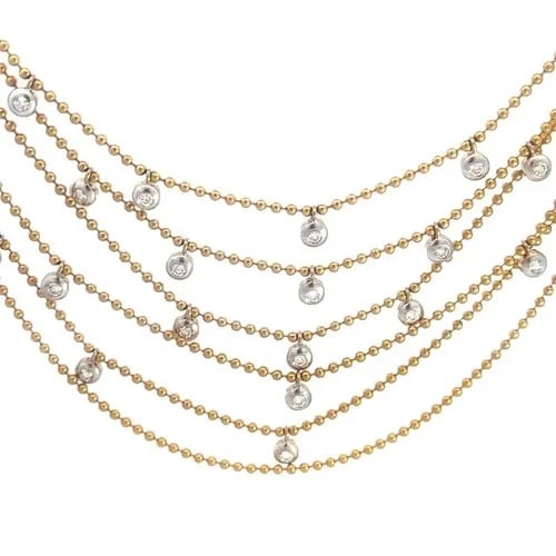 DIAMOND GOLD BIB NECKLACE 18K TWO TONE BEADED 6 STRANDS DOT MOTIFS: DIAMOND GOLD BIB NECKLACE 18K TWO TONE BEADED 6 STRANDS DOT MOTIFS This beautiful evening attire necklace features 6 strands of yellow gold fine bead chain in layers, the front center has white gold d