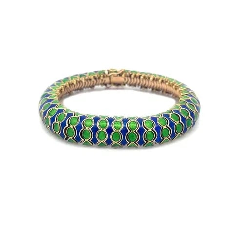 MARTINE ENAMEL SNAKE BRACELET 14K YELLOW GOLD FLEX LINKS 78.8GR: MARTINE ENAMEL SNAKE BRACELET 14K YELLOW GOLD FLEX LINKS 78.8GR This is a bracelet by designer Martine, it is crafted from 14k yellow gold snake bone style flex links on the inside of the bracelet and