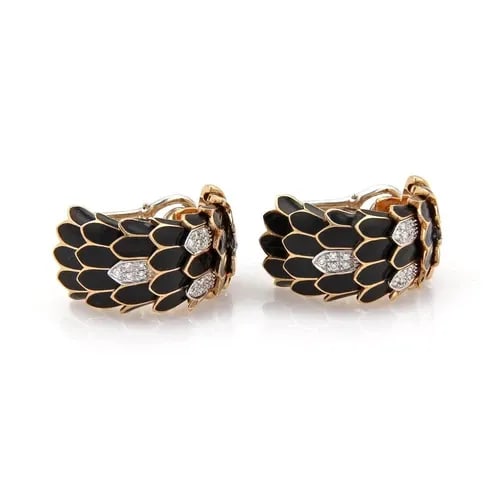 ROBERTO COIN ENAMEL EARRING 18K GOLD DIAMOND FEATHER DESIGN HUGGIE STYLE (1 of 2)