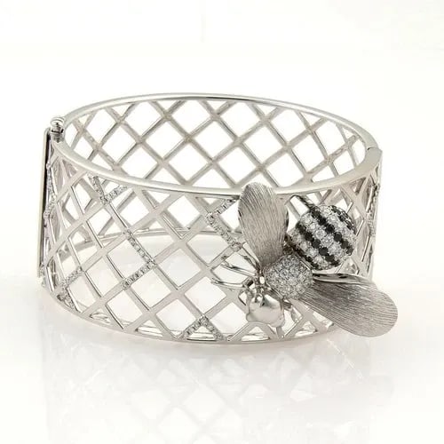DIAMONDS GOLD LATTICE BRACELET 3D BEE 1.90CT BLACK & WHITE 18K (1 of 2)