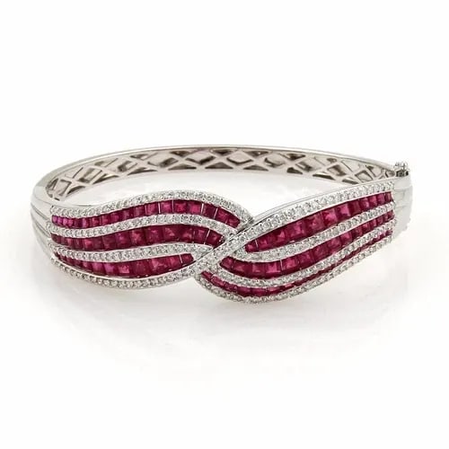 DIAMONDS & RUBIES GOLD BRACELET 18K WHITE FANCY CURVED BAND (1 of 2)