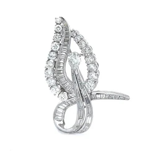 PLATINUM DIAMOND OPEN STYLE LONG STEM LEAF BROOCH 14K GOLD PIN (1 of 2)