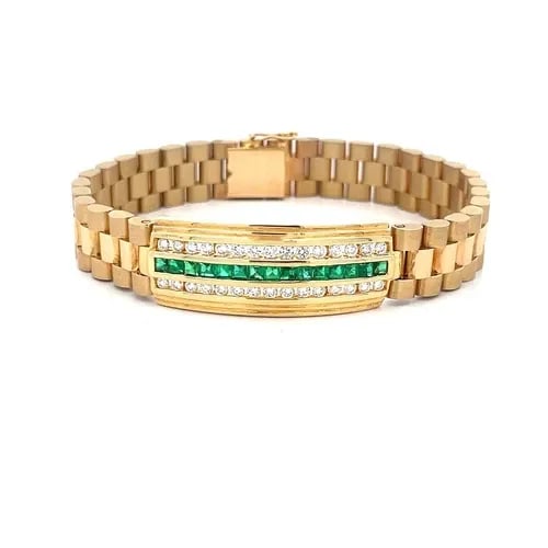 DIAMOND EMERALD GOLD BRACELET ID BAR 18K YELLOW JUBILEE BRACELET: DIAMOND EMERALD GOLD BRACELET ID BAR 18K YELLOW JUBILEE BRACELET This is a stunning curved bar bracelet with jubilee link bracelet. It is crafted from 18k yellow gold featuring a long-curved bar 14mm 