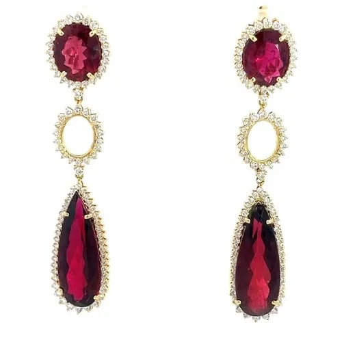 DIAMOND TOURMALINE EARRINGS 16.80CT 18K YELLOW GOLD DROP DANGLE: DIAMOND TOURMALINE EARRINGS 16.80CT 18K YELLOW GOLD DROP DANGLE This gorgeous pair of drop dangle earrings are crafted from 18k yellow gold featuring 3 tiers with an oval top halo style with an oval r
