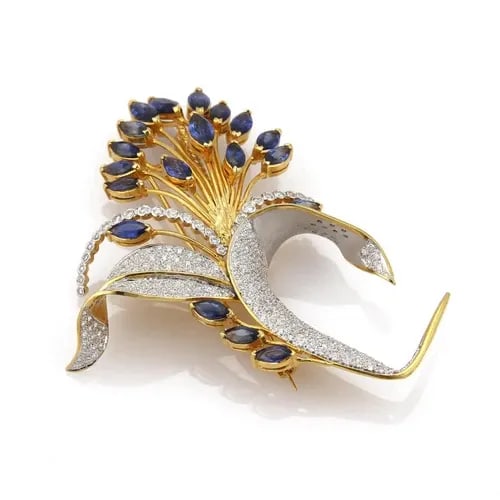 BROOCH DIAMOND & GEMSTONE 18K GOLD LARGE FLORAL SPRIG ESTATE (1 of 2)