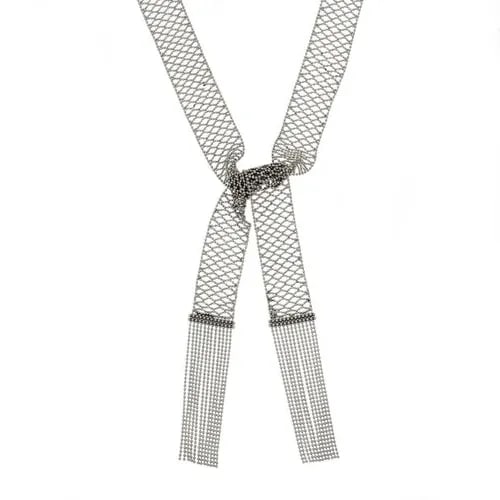 MESH NECKLACE PLATINUM 15MM WIDE FRINGE SCARF TIE: MESH NECKLACE PLATINUM 15MM WIDE FRINGE SCARF TIE The Mesh Necklace Platinum 15mm Wide Fringe Scarf Tie is a stylish and unique piece of fine jewelry. Made with 850 platinum, this necklace features a 