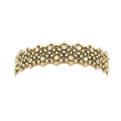 DIAMOND FLORAL BEAD BRACELET IN 18K YELLOW GOLD WIDE FLEX STYLE: DIAMOND FLORAL BEAD BRACELET IN 18K YELLOW GOLD WIDE FLEX STYLE This lovely bracelet is crafted from 18k yellow gold featuring double rows with octagonal shaped flower frames joined together in 2 rows