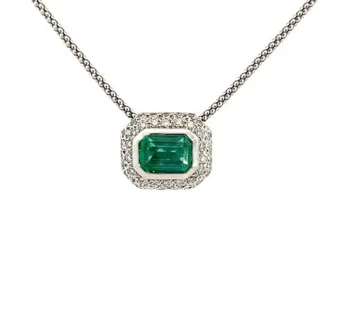 DIAMOND EMERALD PENDANT 14K WHITE GOLD RECTANGLE SLIDE POPCORN CHAIN (1 of 2)