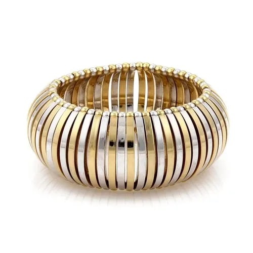 BREVETTATO 18K YELLOW WHITE GOLD 34MM WIDE FANCY OPEN DOME BRACELET BANGLE: BREVETTATO 18K YELLOW WHITE GOLD 34MM WIDE FANCY OPEN DOME BRACELET BANGLE Brevettato 18k Yellow White Gold 34mm Wide Fancy Open Dome Bracelet Bangle Description This is an impressive designer bracele