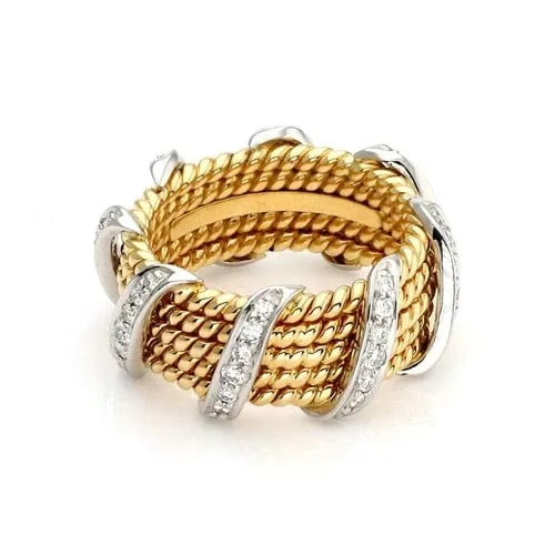 TIFFANY & CO. SCHLUMBERGER DIAMOND RING 18K GOLD PLATINUM 5 ROWS BAND: TIFFANY & CO. SCHLUMBERGER DIAMOND RING 18K GOLD PLATINUM 5 ROWS BAND Tiffany & Co. Schlumberger Diamond 18k Gold Platinum 5 Rows Band Ring Description This is an authentic Jean Schlumberger's renditi