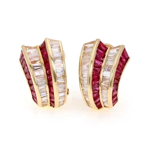 18K YELLOW GOLD 10.00CT DIAMOND & RUBY CURVED POST CLIP EARRINGS (1 of 2)