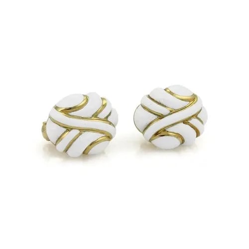 DAVID WEBB ENAMEL GOLD EARRINGS SHELL DESIGN 18K YELLOW ROUND POST CLIP (1 of 2)