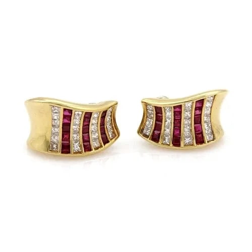 MAYORS DIAMOND GOLD EARRINGS 18K YELLOW RED GEMSTONE CONCAVE POST CLIP: MAYORS DIAMOND GOLD EARRINGS 18K YELLOW RED GEMSTONE CONCAVE POST CLIP The Mayors Diamond & Red Gemstones 18k Yellow Gold Concave Post Clip Earrings are luxurious huggie earrings featuring natural whi