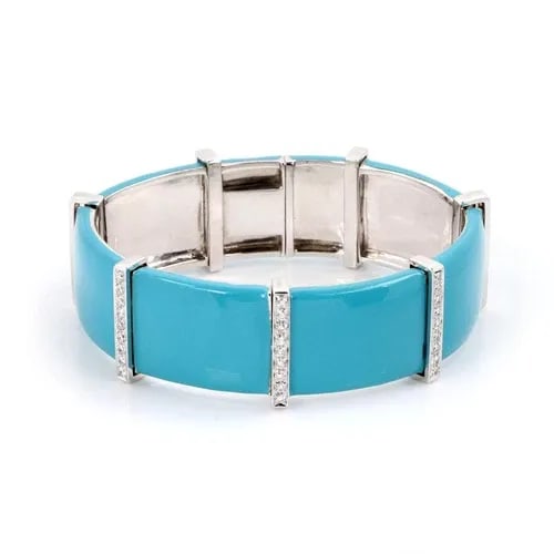 MODERN 1.40CT DIAMOND TURQUOISE ENAMEL 18K WHITE GOLD WIDE BRACELET: MODERN 1.40CT DIAMOND TURQUOISE ENAMEL 18K WHITE GOLD WIDE BRACELET Modern 1.40ct Diamond Turquoise Enamel 18k White Gold Wide Bracelet Description This is a gorgeous wide band bracelet, it is crafted