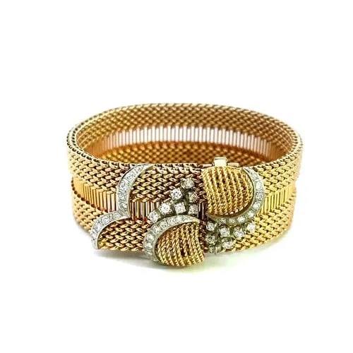 14K DIAMOND BELT MESH BRACELET 3 ROW YELLOW GOLD WIRE BUCKLE STYLE FLEX BAND (1 of 2)