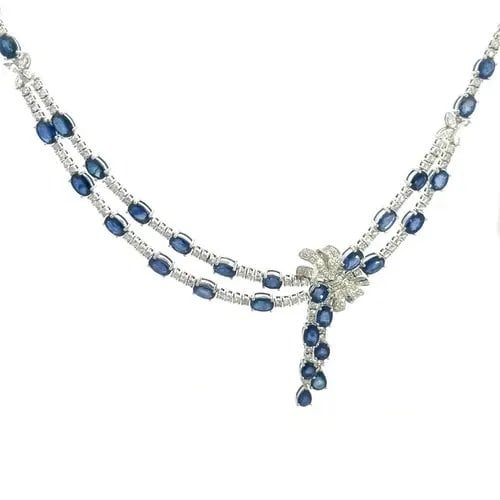 SAPPHIRE DIAMOND GOLD NECKLACE 18K WHITE COCKTAIL CENTERPIECE RIBBON BOW: SAPPHIRE DIAMOND GOLD NECKLACE 18K WHITE COCKTAIL CENTERPIECE RIBBON BOW The double row centerpiece stunning necklace is crafted from 18k white gold featuring oval shape sapphires with prong set diamo