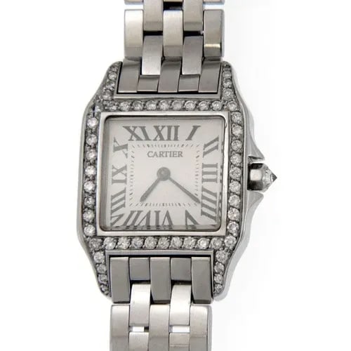 CARTIER WATCH SANTOS DEMOISEL DIAMOND BEZEL STAINLESS STEEL MIDSIZ QUARTZ: The Cartier Watch Santos Demoisel Diamond Bezel Stainless Steel Midsiz Quartz is a luxurious wristwatch designed for men. It features a square case with a stainless steel and silver construction, acce