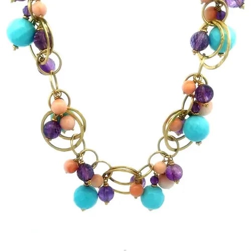 SILVIA KELLY GOLD NECKLACE 18K YELLOW BEADED GEMS MULTI-RING CHAIN: The Silvia Kelly Gold Necklace features assorted style faceted cut bead gemstones with larger turquoise and amethyst and coral beads dangling from small round links attached to ring links which includ