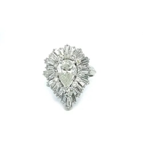 PLATINUM DIAMOND BALLERINA RING 2.60CT 3 TIER PEAR SHAPE SOLITAIRE: PLATINUM DIAMOND BALLERINA RING 2.60CT 3 TIER PEAR SHAPE SOLITAIRE This is a stunning engagement or anniversary ring; it is crafted from platinum with split shank and a high wire style pear shape gall