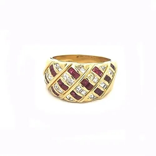 RUBY DIAMOND DOME RING 18K YELLOW GOLD SQUARE CUT FANCY STYLE WIDE BAND (1 of 2)