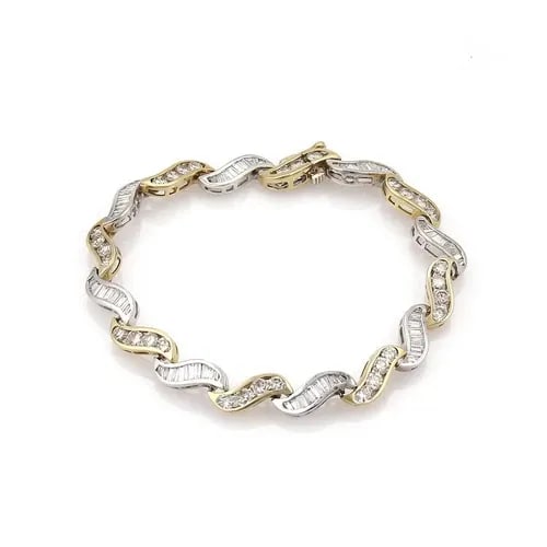 ESTATE 5.60CT DIAMONDS 14K GOLD CURVED CHANNEL S LINK BRACELET: ESTATE 5.60CT DIAMONDS 14K GOLD CURVED CHANNEL S LINK BRACELET Estate 5.60ct Diamonds 14k Gold Curved Channel S Link Bracelet Description This lovely S link bracelet is crafted from 14k yellow and whi