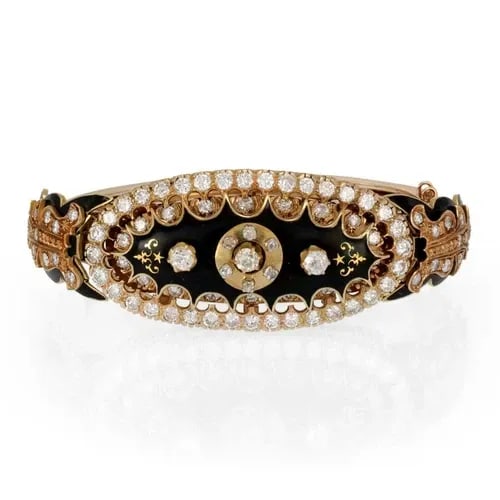 DIAMOND ENAMEL BRACELET 14K YELLOW GOLD FANCY OVAL TOP (1 of 2)