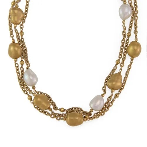 ROBERTO COIN PEARLS NECKLACE 18K YELLOW GOLD TRIPLE STRAND NUGGET MOTIFS: ROBERTO COIN PEARLS NECKLACE 18K YELLOW GOLD TRIPLE STRAND NUGGET MOTIFS Roberto Coin Pearls 18k Yellow Gold Triple Strand Nugget Motifs Necklace Description This beautiful authentic necklace is by Ro