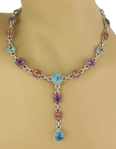FULL GEMSTONES DROP NECKLACE MULTI-COLOR GEMS & DIAMONDS 14K WHITE GOLD: FULL GEMSTONES DROP NECKLACE MULTI-COLOR GEMS & DIAMONDS 14K WHITE GOLD This gorgeous eye catching Estate necklace is crafted from 14k white gold with a polished finish. It has round, square and oval 