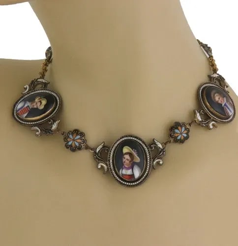 67870 VICTORIAN 15K 8K GOLD MULTICOLOR ENAMEL HAND PAINTED PORCELAIN NECKLACE (1 of 2)