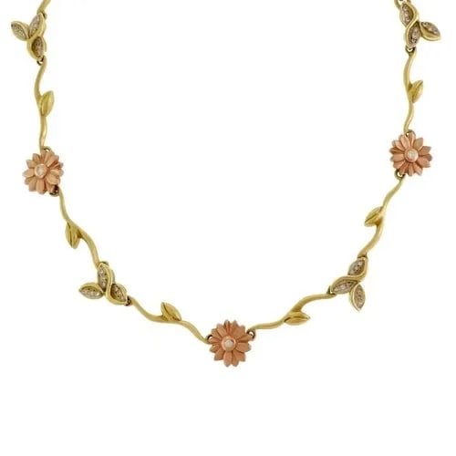 DIAMOND NECKLACE 18K 14K YELLOW & ROSE GOLD FLORAL LEAF LINK COLLAR (1 of 2)