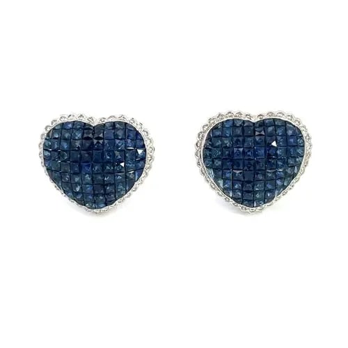 DIAMOND EARRINGS FRENCH CUT SAPPHIRE HEART DOME HUGGIE STYLE 17K LARGE: DIAMOND EARRINGS FRENCH CUT SAPPHIRE HEART DOME HUGGIE STYLE 17K LARGE This gorgeous pair of earrings are crafted from 17k white gold featuring a mid-size dome heart with channel set sapphires surroun
